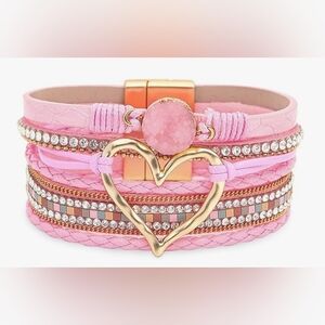 Boho Heart Wrap PINK Multi-Layer Crystal Bracelet Bangle 🩷